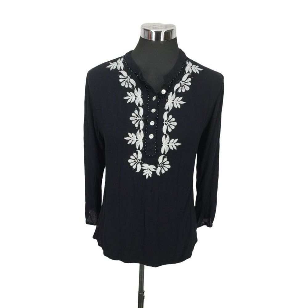 Bohemian Cafe Women's Black Embroidered Beaded Rayon 3/4 Sleeve Blouse Large‎